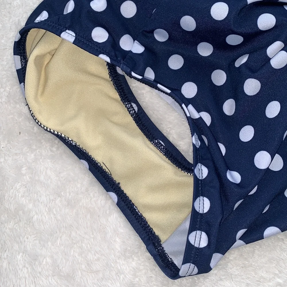 Land’s End Navy Polka Dot Rainbow Shoulder Swimsuit 10 EUC
